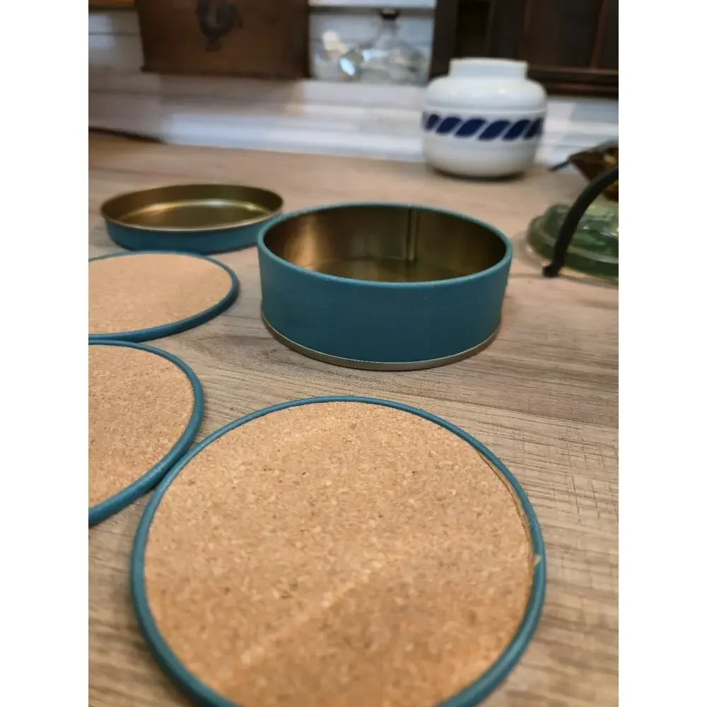 Vintage Set (4) Cork Back Coasters - City Artwork - Green Tin Container 652